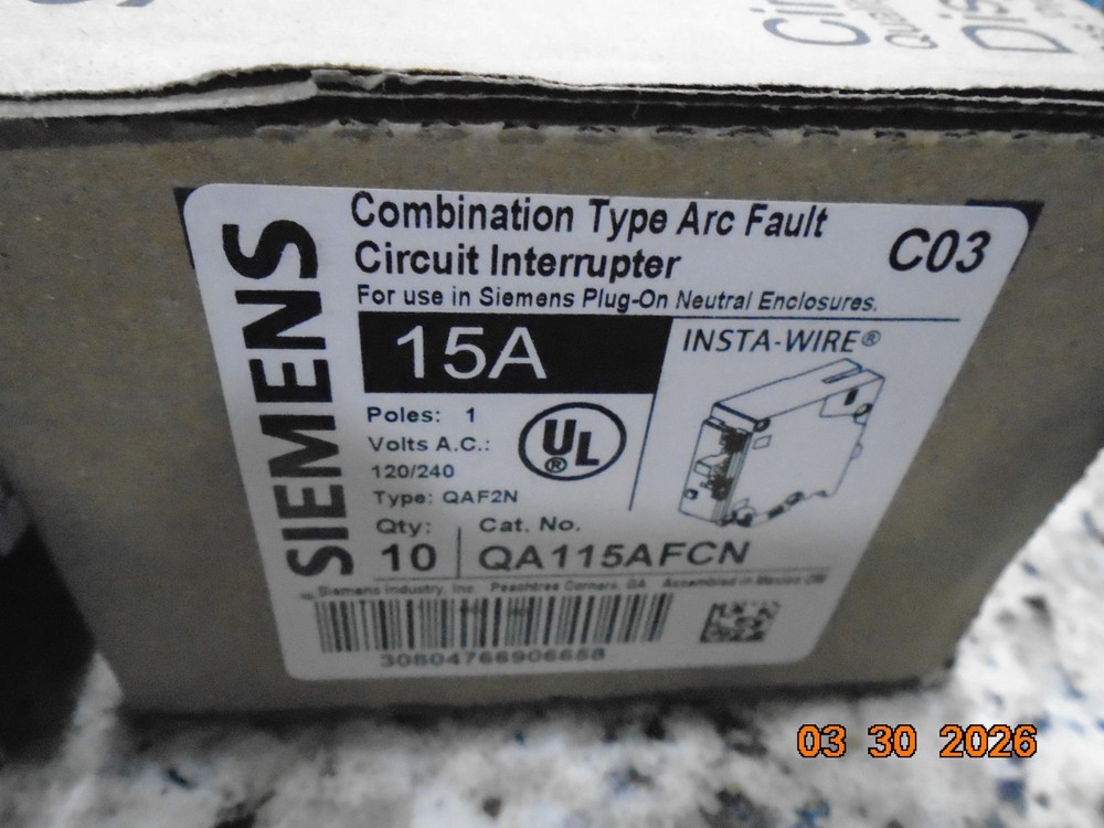 SIEMENS QA115AFCN 15AMP AFCI COMBINATION ARC FAULT 120V PLUG-ON NEUTRAL NEW
