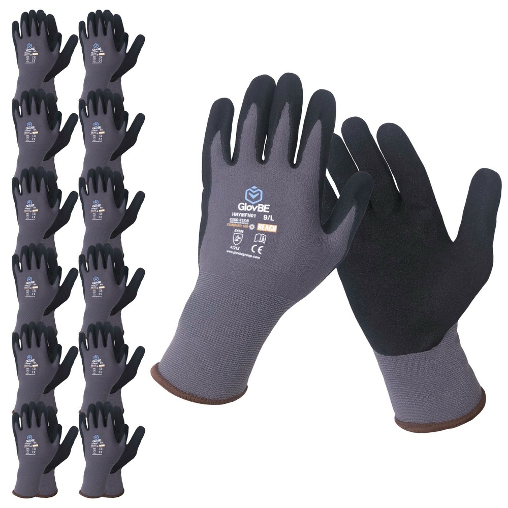 GlovBE 3/6/12/120 PAIRS Mechanic Nylon Work Gloves Nitrile Micro Foam Palm Coat