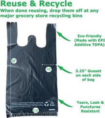 T-Shirt Plastic Grocery Shopping Bags 1/6 Large 21 x 6.5 x11.5 BLACK (50-200 ct)