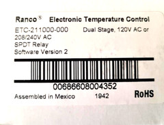 Ranco ETC-211100-000 Electronic Temperature Control, Open/Close On Rise, Spdt