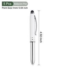 5 Pcs Ballpoint Pen with Stylus Tip and LED Flashlight 3 in 1 Black Ink White