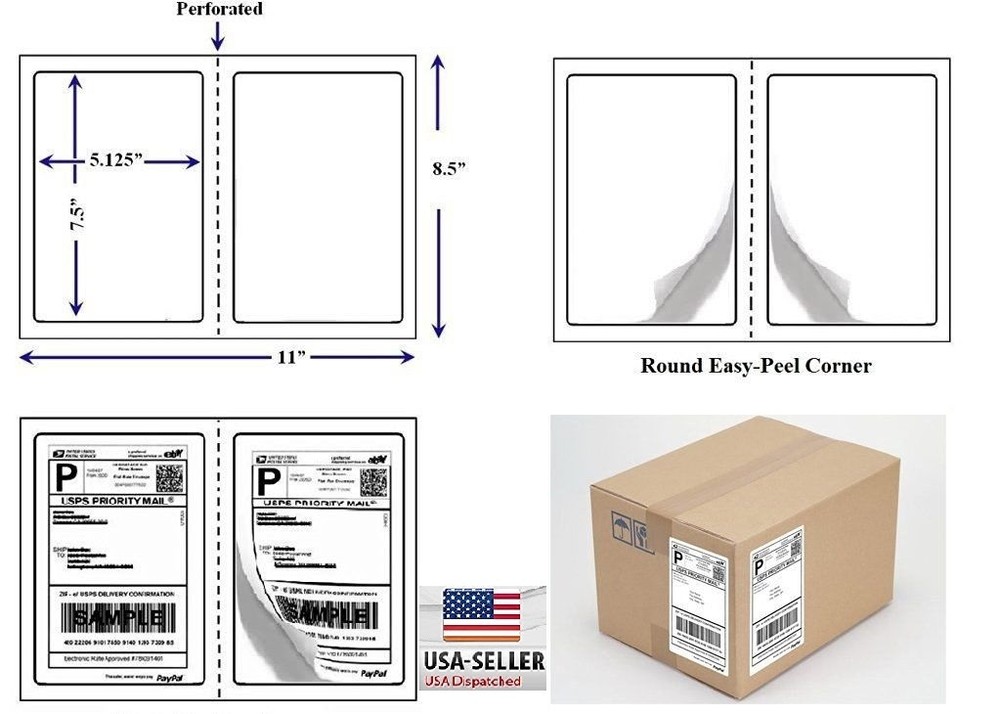 Perforated 1000 Quality Round Corner Shipping Labels 2 Per Sheet 7.5″ x 5.125″
