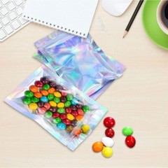 100/200 Resealable Holographic Mylar Foil Bags Zip Lock Pouch Clear Front 3 Size