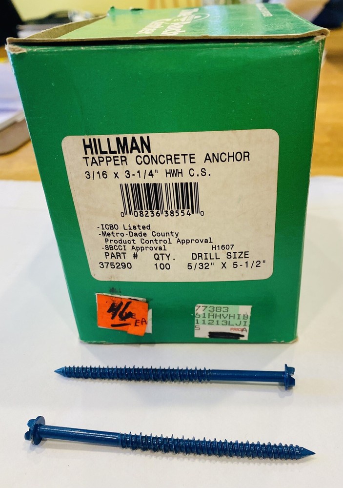 Hillman Tapper Concrete Anchors 3/16″ x 3-1/4″ Box of 100 Pcs (minus drill bit)