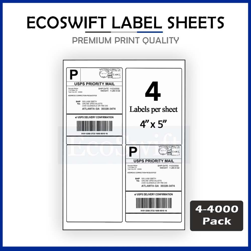 4-40,000 LOT 4 x 5 “EcoSwift” Laser Address Shipping Adhesive Labels 4 per sheet