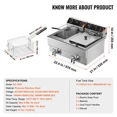22L Commercial Electric Deep Fryer Countertop Deep Fryer w/ Dual Tanks 3000W