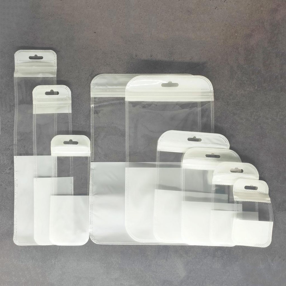 100-200 Clear & White Flat Storage Pouch with Butterfly Hang Hole Packaging Bags
