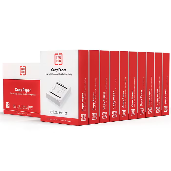 TRU RED Copy Paper 8.5×11 Letter 20lb 92 Bright 500 Sheets White/10-Ream