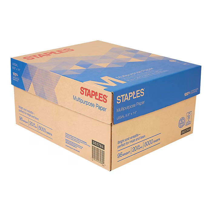 Staples Multipurpose Paper 8.5″x14″ 20 lb 96 Brightness 500 Sheets/Ream 10 Reams