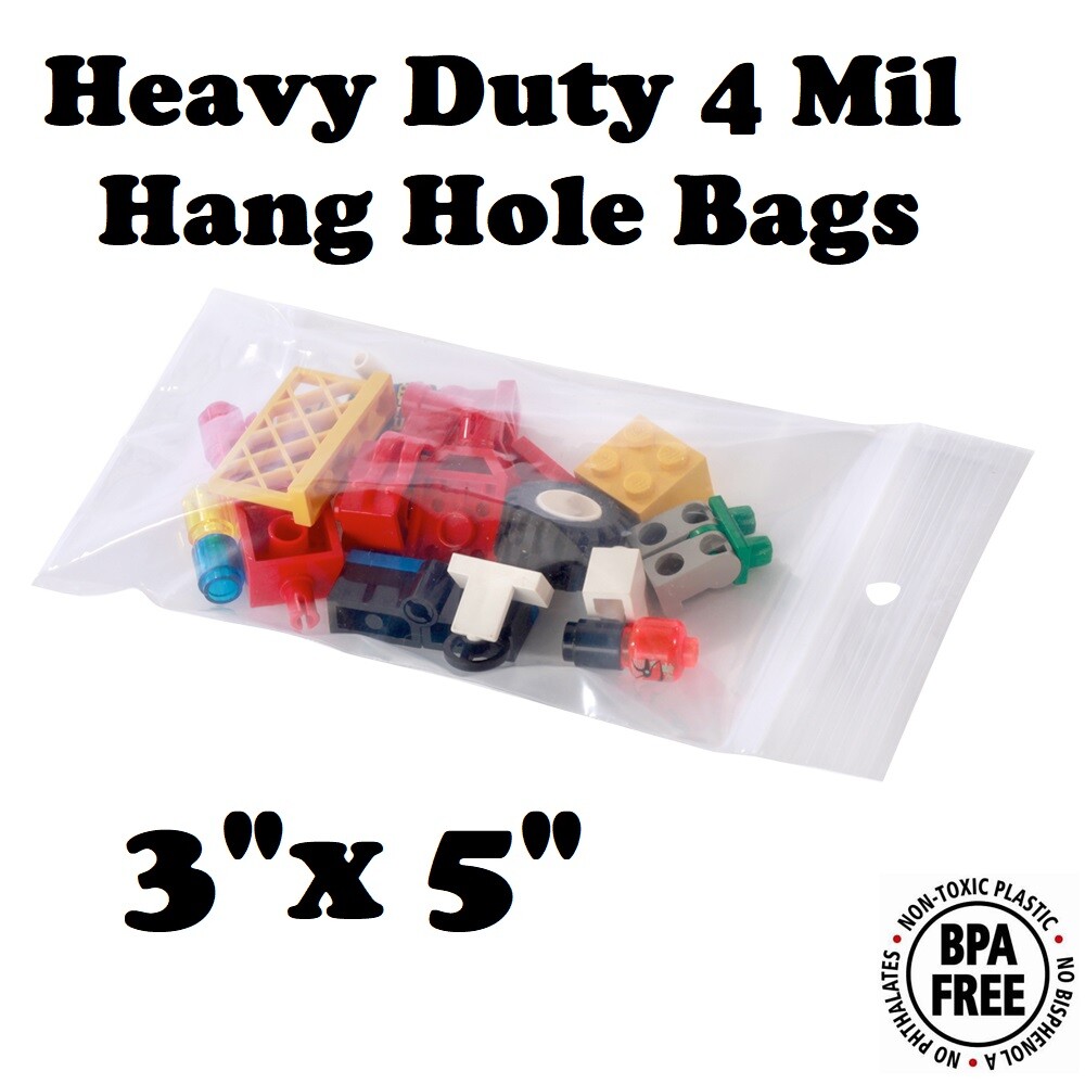 3″ x 5″ Zip Seal Reclosable 4Mil Plastic Top Lock Bags Hang Hole Jewelry 4 Mil