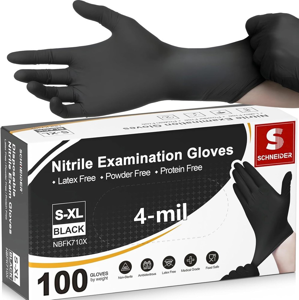Schneider Nitrile Exam Gloves, 4 Mil Black Gloves Disposable Latex Free Powder F