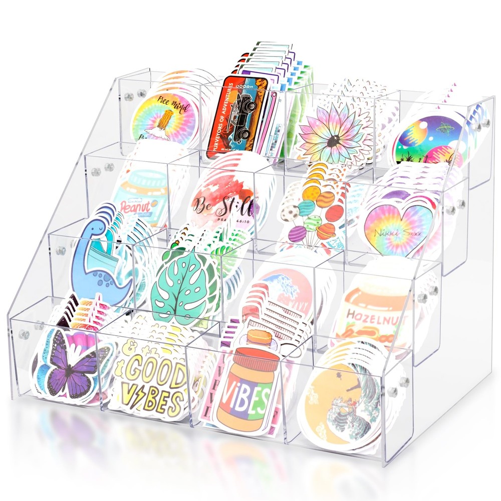 Sticker Display Stand for Vendors – 4 Tier 16 Pockets Acrylic Sticker Holder Dis
