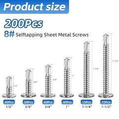 200-Piece Sheet Metal Screws Assortment – #8 Truss Head SS Self-Tapping, 6 Sizes