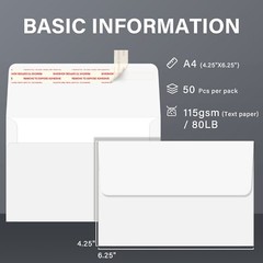 White Invitation Paper Envelope A4 4.25″x6.25″ Self Seal for 4×6 Card Photo 50PK