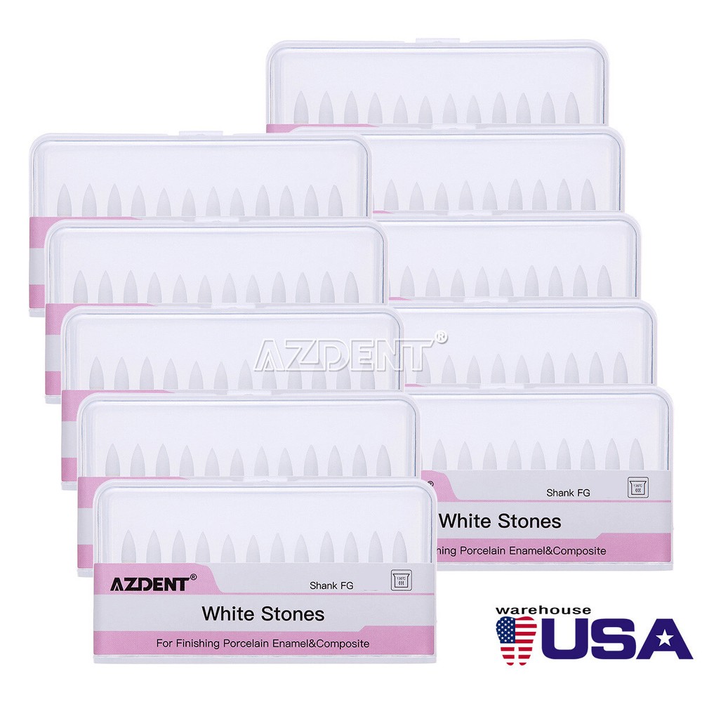 10packs Dental Flame Mounted White Stone Polishing Burs FG Abrasion Point Burs