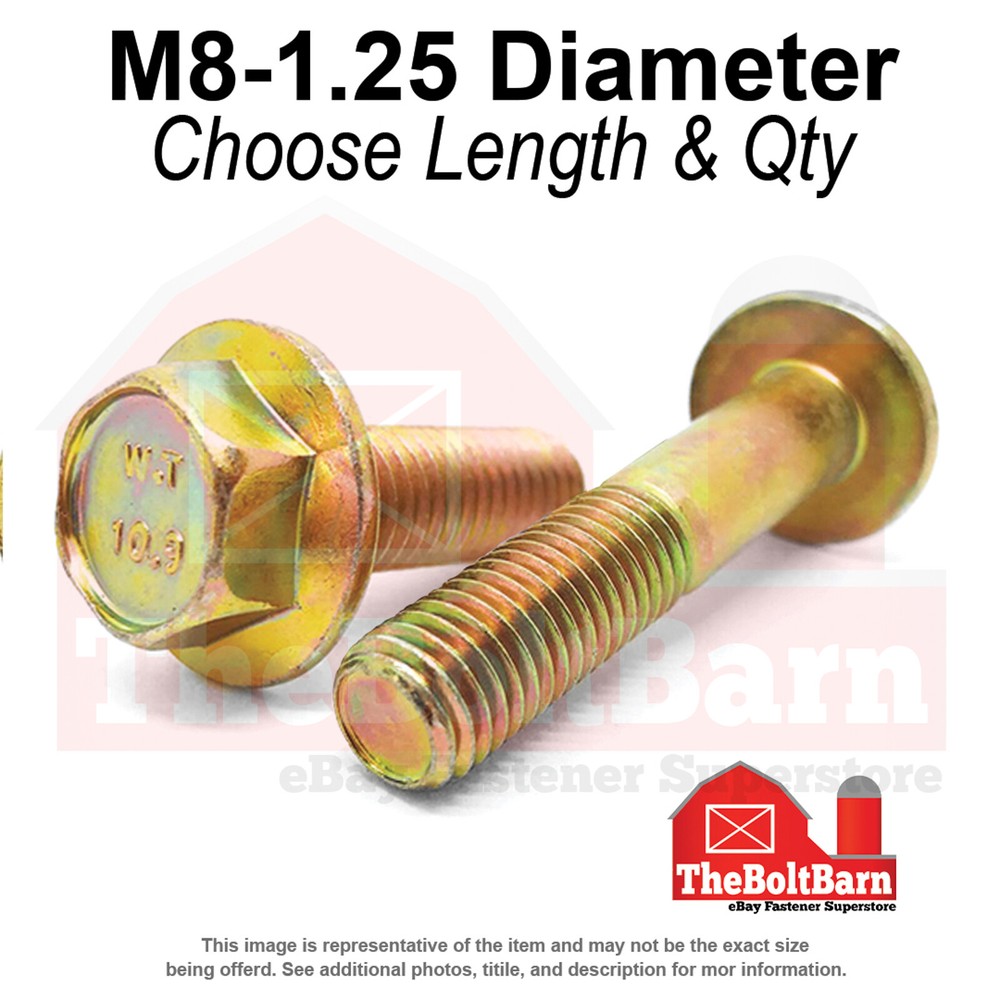 M8-1.25 Class 10.9 Hex Flange Screws Frame Bolts Zinc Yellow (Pick Length &Qty)