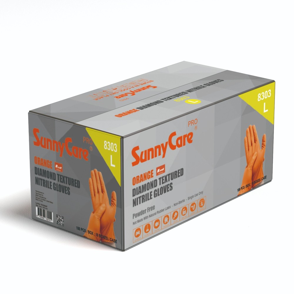 1000 SunnyCare® 8Mil Orange Diamond Textured Nitrile Gloves Powder Free Large