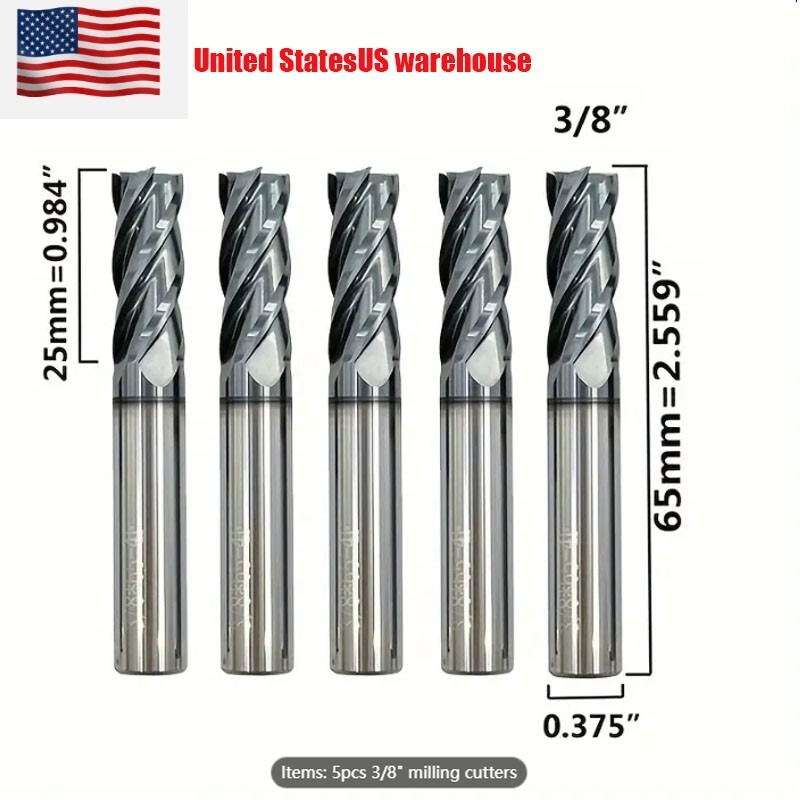 5 PCS 3/8″ 4 FLUTE CARBIDE END MILL – REGULAR LENGTH – TiALN COATED USA