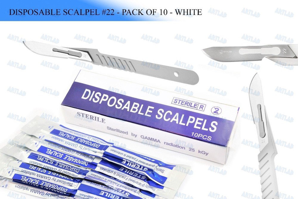 10PC DISPOSABLE SCALPELS #22-SINGLE USE – DISSECTING, SURGICAL, DERMAPLANING