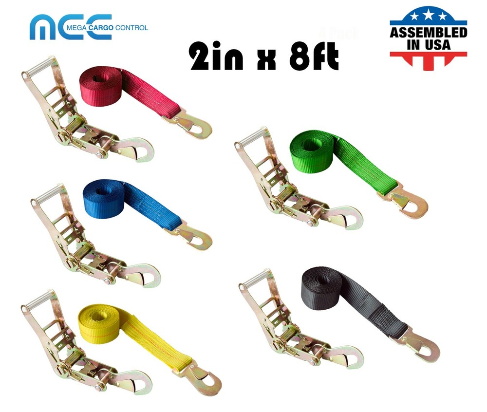 USA 2″ x 8′ Off-Road Ratchet Tie Down Strap Snap Hook Car Auto Hauler Tow Truck