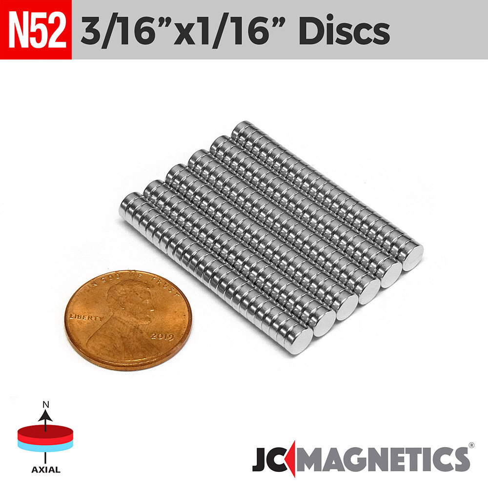 3/16in x 1/16in N52 Rare Earth Neodymium Small Magnet Discs