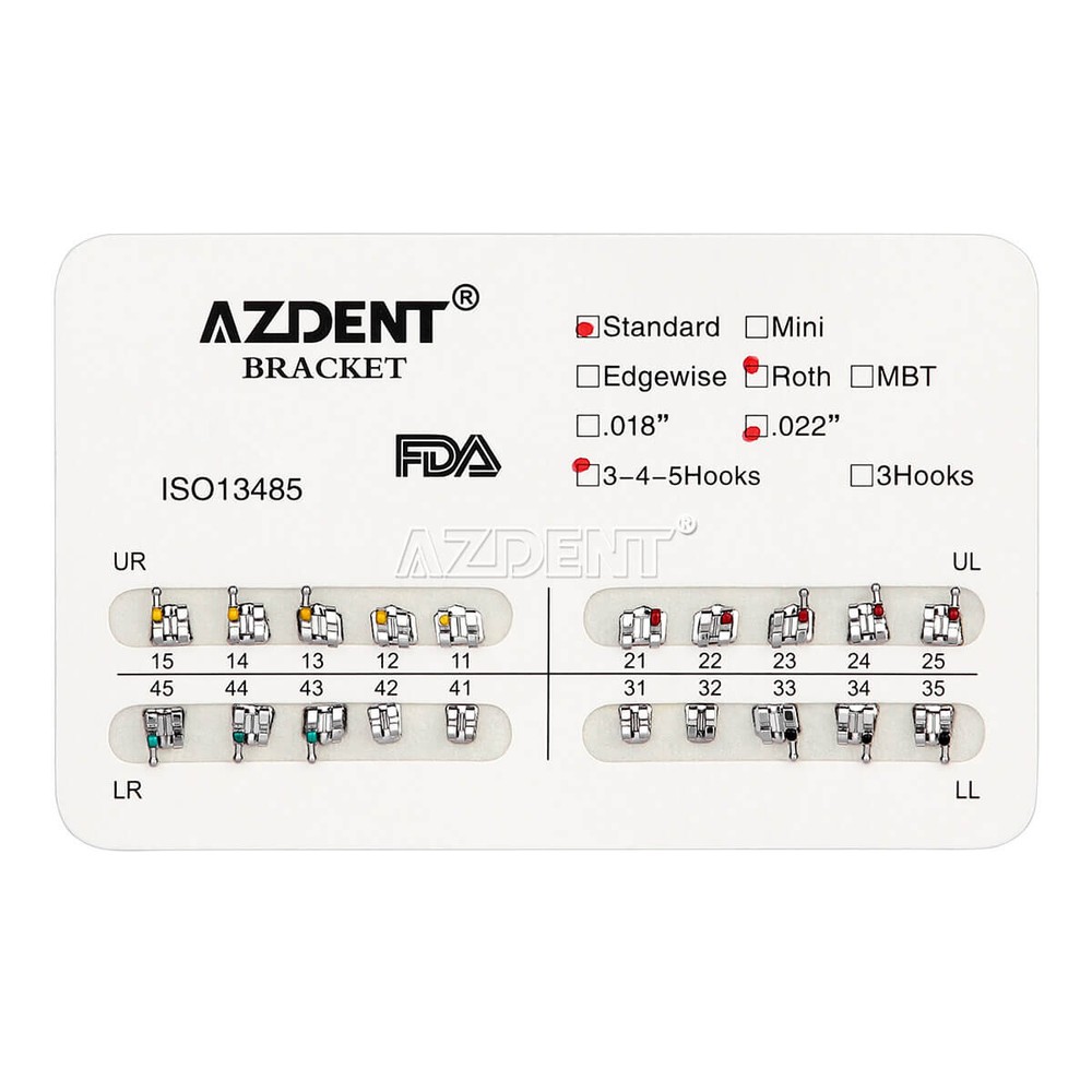 AZDENT Dental Orthodontic Brackets Braces Standard Roth .022 Hooks 3-4-5 FDA