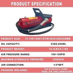 Air Hydraulic Foot Pump: 10,000 PSI, 0.45 Gal, 3/8″NPT Out, 1/4″In Lubricator
