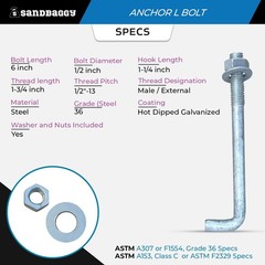 Sandbaggy 1/2″ x 6″ Threaded Concrete Anchor L-Bolts – Hot Dipped Galvanized