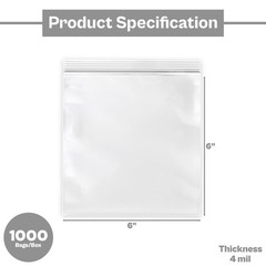 1000 Pcs 6″ x 6″ Zipper Bags Clear 4 Mil Reclosable Self Seal Ziplock Baggies