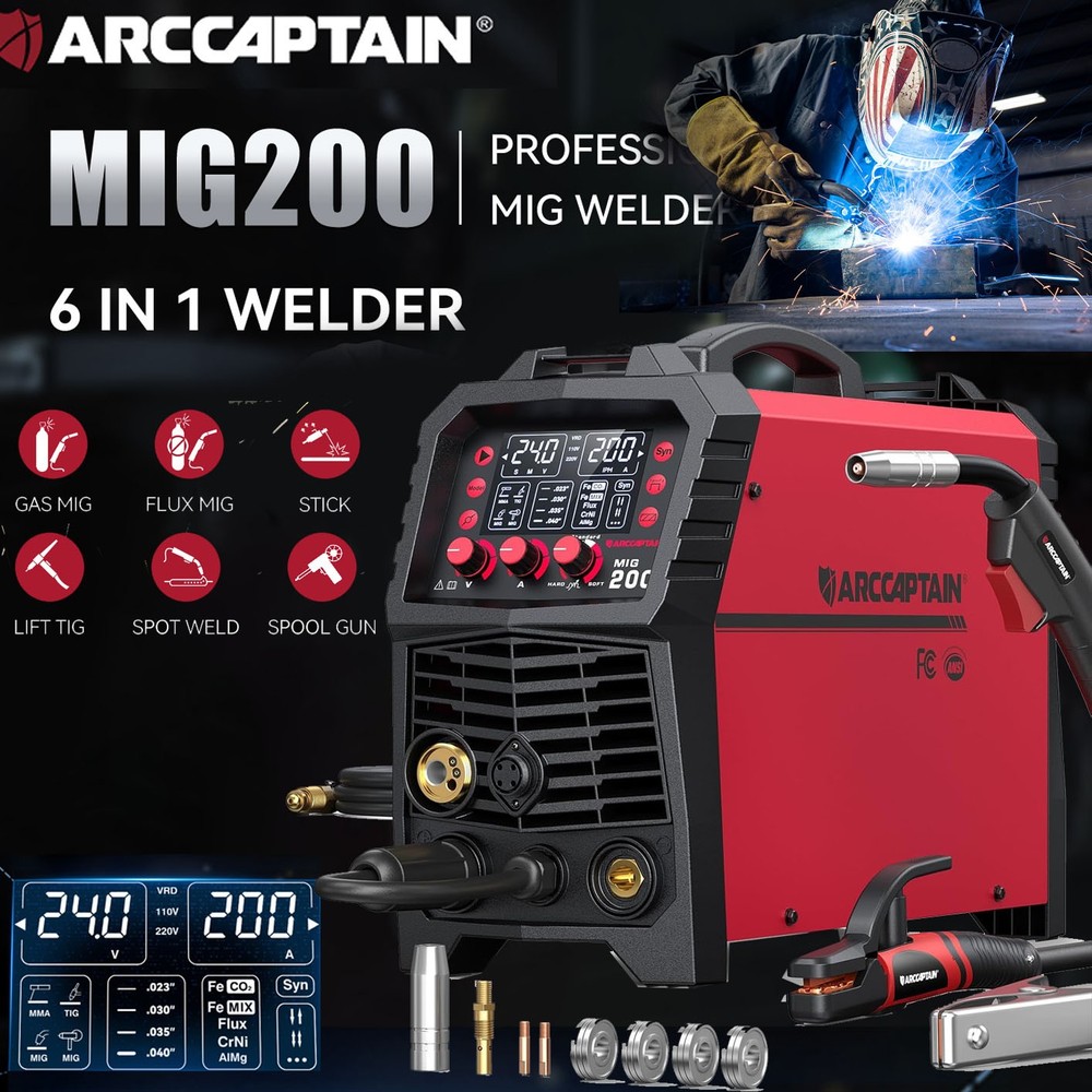 2026 ARCCAPTAIN 200A MIG Welder 110V/220V Gas/Gasless Flux Core Stick Lift Tig