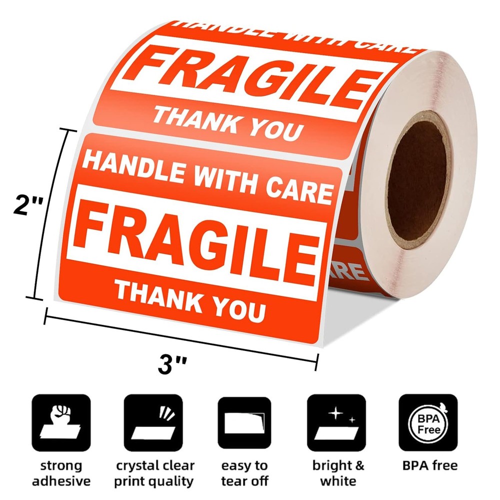 2″x3″ Fragile Stickers 500/Roll Fragile Label Sticker Handle With Care Mailing