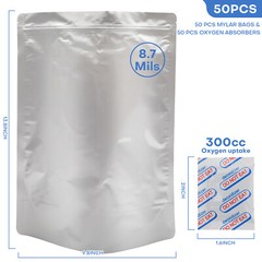 50/100pcs Mylar Bags 8.7Mil w/ Oxygen Absorbers Stand-Up Resealable Food Storage