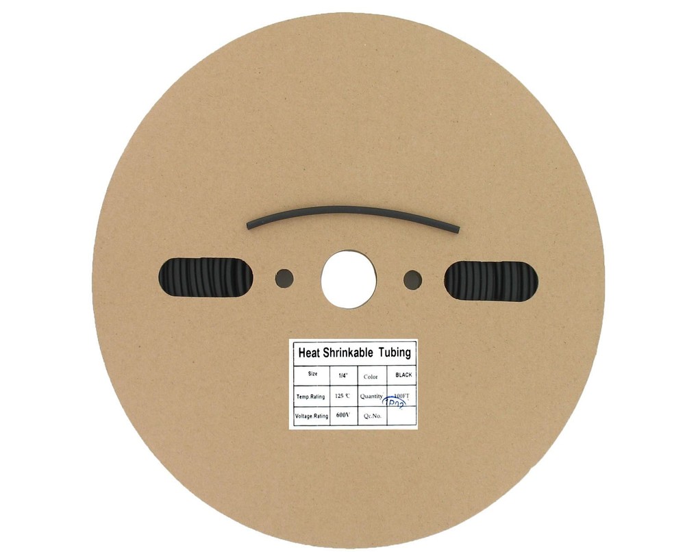 100 Ft 1/4″ ID (6.4mm) Black Polyolefin Heat Shrink Halogen-Free RoHS cULus