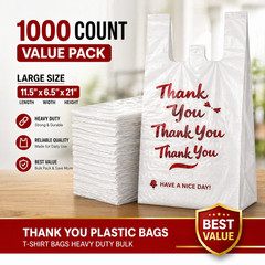 Thank You Plastic Bags 1000 Count Large 11.5×6.5×21 Heavy Duty T-Shirt Bags Bulk
