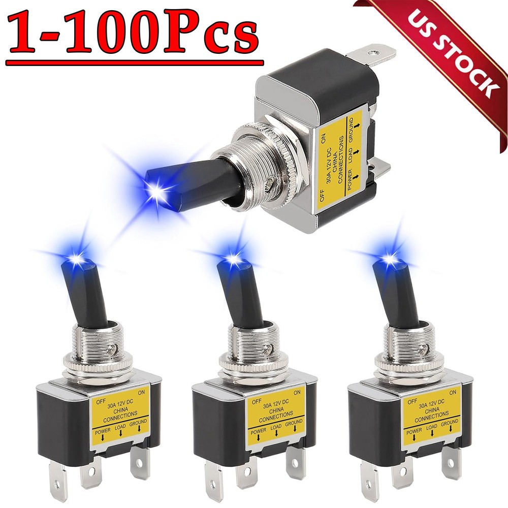 Blue LED Light 3Pin Rocker Toggle ON/Off Switch 30A 12V for Car Boat Marine Lot