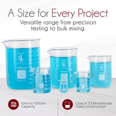 Karter Scientific Low Form Glass Beaker 5 Piece Set 50, 100, 250, 500, & 1000