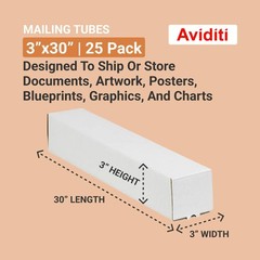 Aviditi Square Corrugated Cardboard Mailing Tubes, 3 x 3 x 30, White, Pack of 25