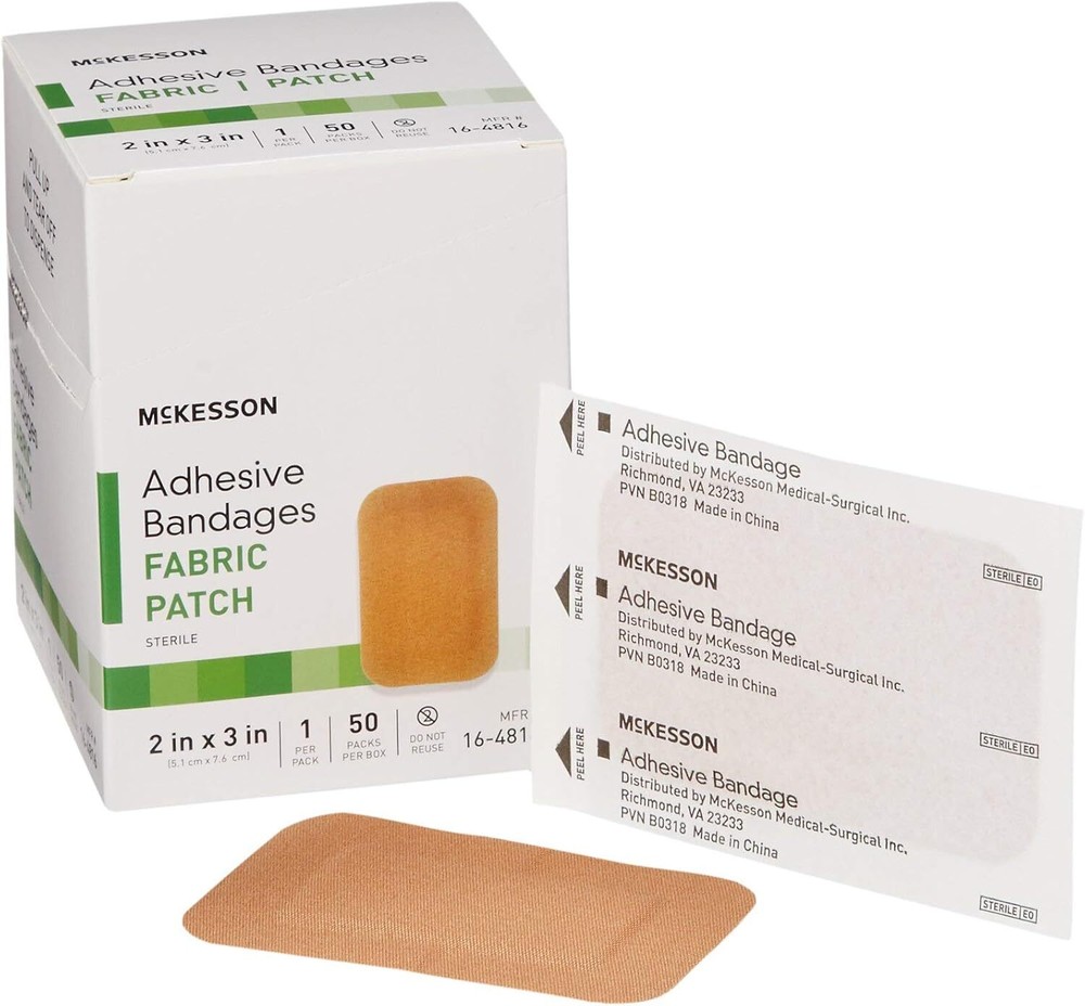 McKesson Adhesive Bandages, Sterile, Fabric Patch, 2 in 2 X 3 Inch, 50 Count