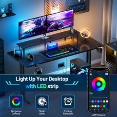 Gaming Desk with LED Lights & Power Outlet, Gamer Desk with Monitor Stand