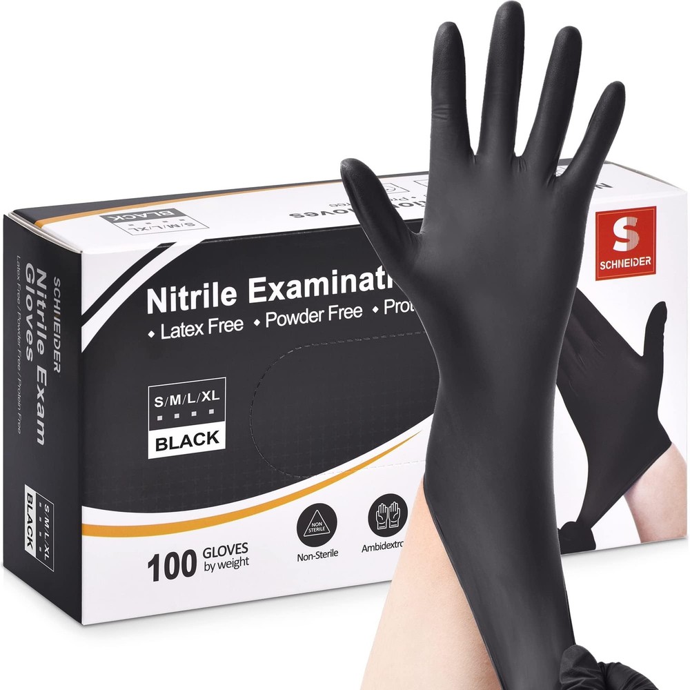 Schneider Nitrile Exam Gloves, Black, XL, 100-ct Box, 4-mil, X-Large, Black