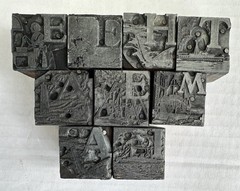Vtg Type Set Print Block Letter Nautical Illustrated People Dining Cooking Scene