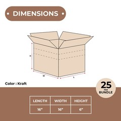 16 x 16 x 6″ Multi-Depth Corrugated Boxes, Brown 25/Bundle ECT-32