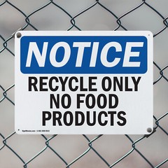 (2 Pack) Recycle Only No Food Products OSHA Notice Sign Decal Metal Plastic