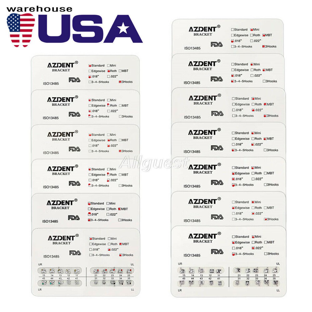 AZDENT Dental Orthodontic Brackets Braces Standard & Mini Roth & MBT Hooks 3-4-5
