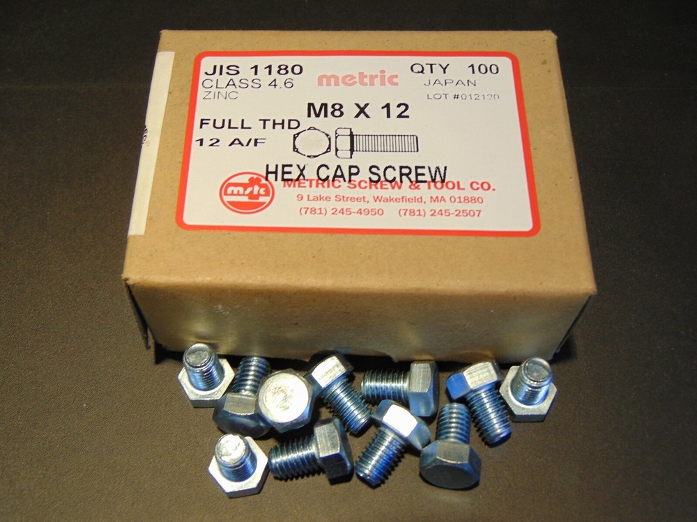 M8 X 12 JIS 1180 HEX CAP SCREW BOLT, BOX OF 100pcs, 12mm WRENCH SIZE, CLASS 4.6
