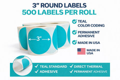 Direct Thermal Labels- 3″ Round Teal Colored 500 Labels per roll, 1-12 Rolls