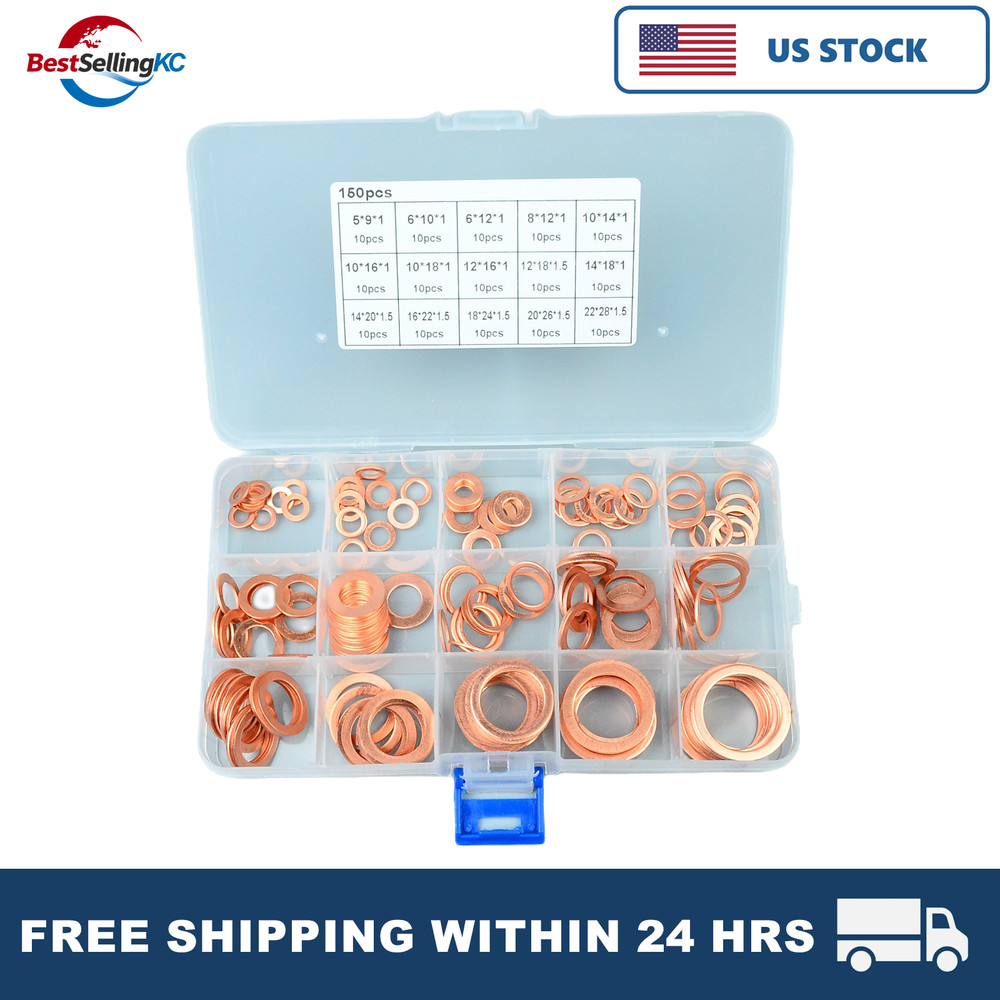 150Pcs Copper Crush Washer Gasket Set Flat Ring Seal Assortment Kit M5 – M22 US