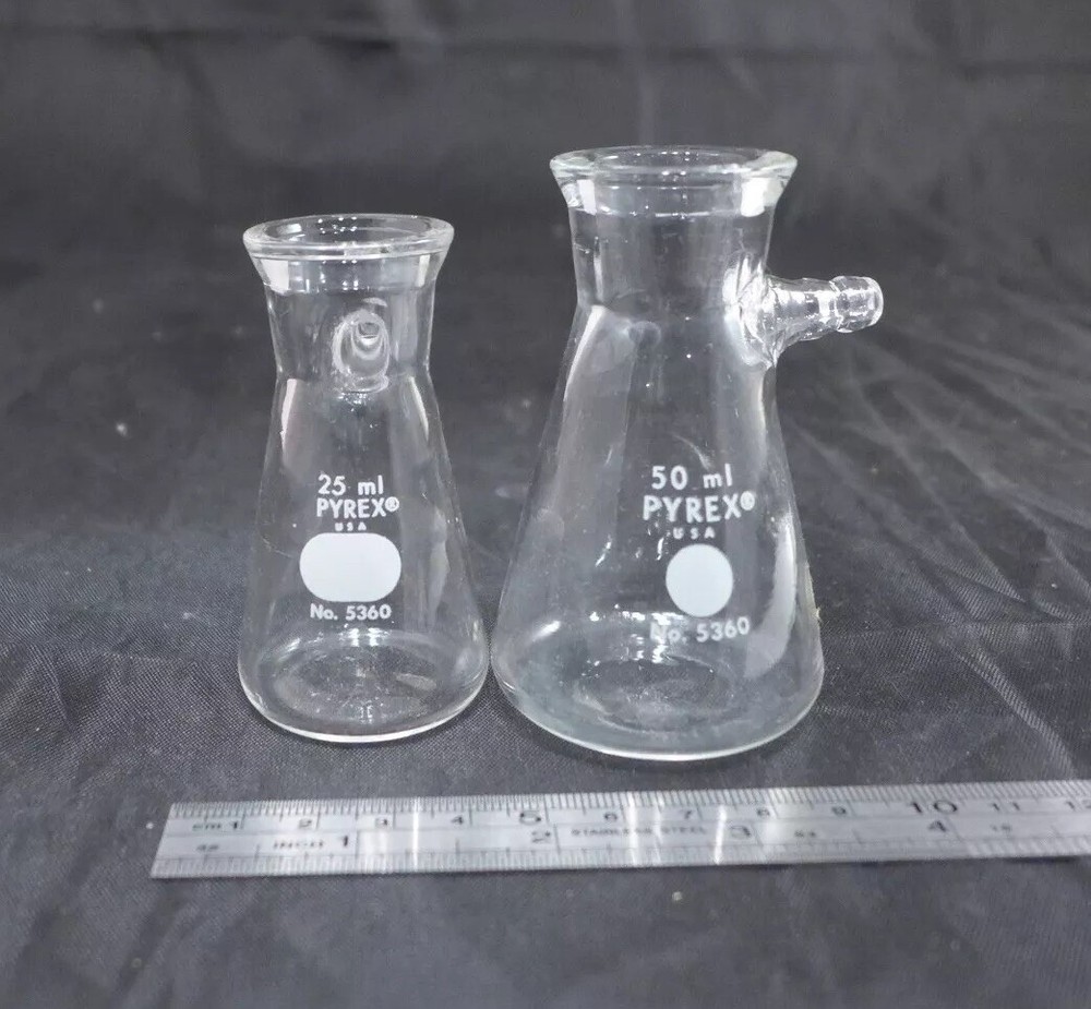 Bundle of 2 || CORNING Pyrex Micro Filtering Flasks, 25mL/50mL, glass barb #5360