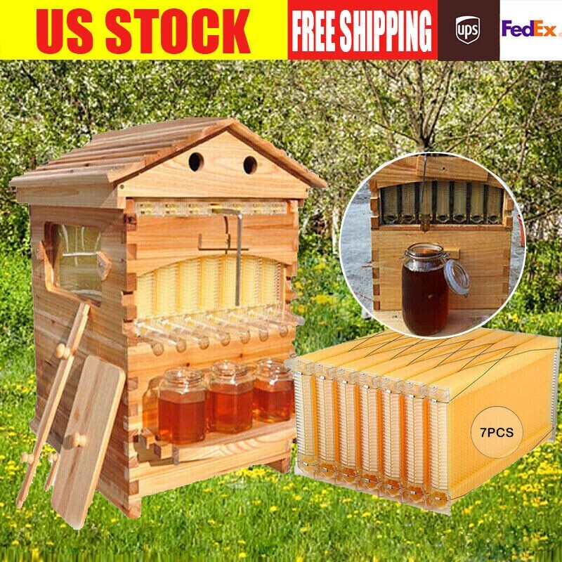 Upgraded 7 Auto Reap Honey Frame + Wooden Bee Hive House Comb Beehive Box Kit