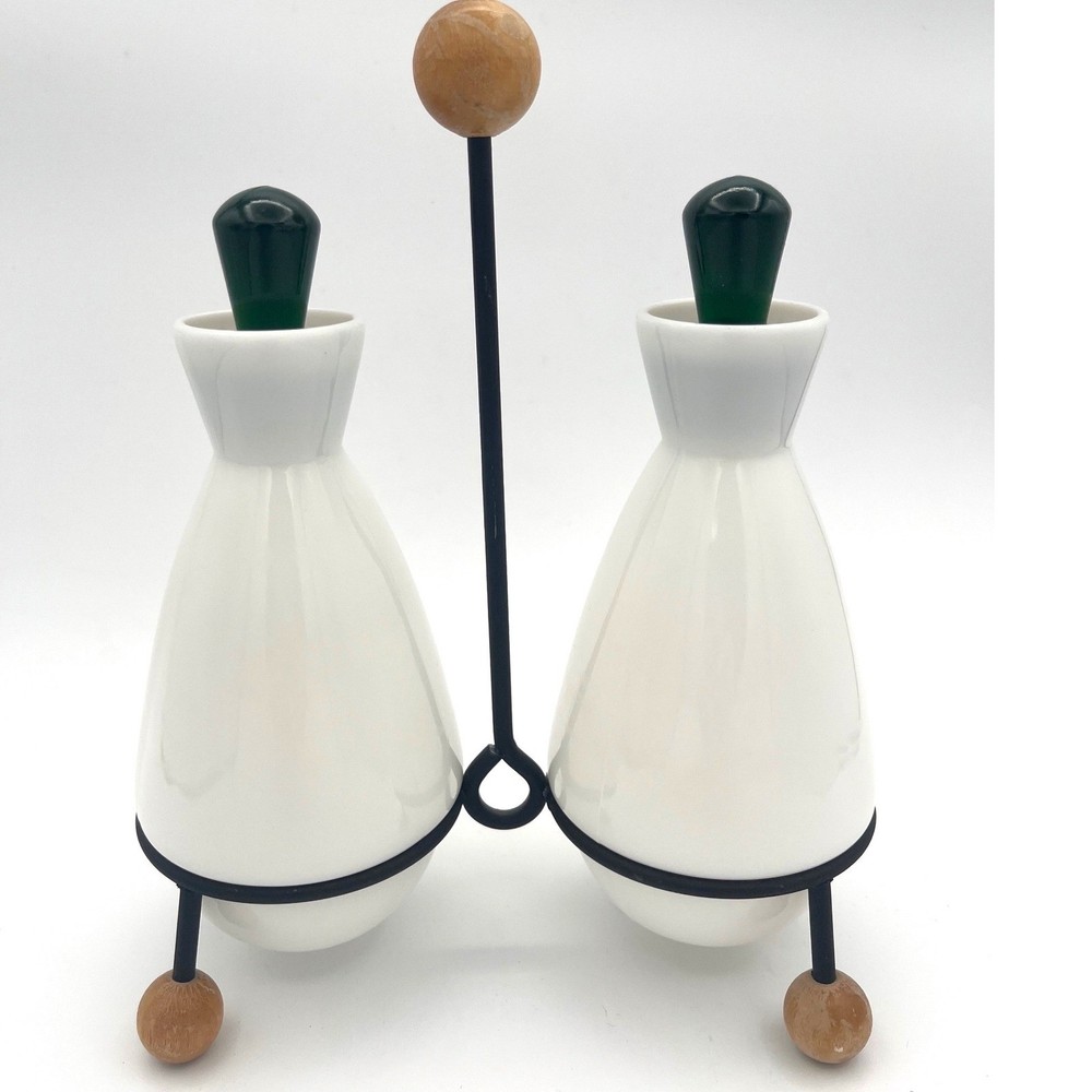 Vtg 1950’s Fenton Condiment oil & Vinegar Set Emerald Crest wrought iron stand
